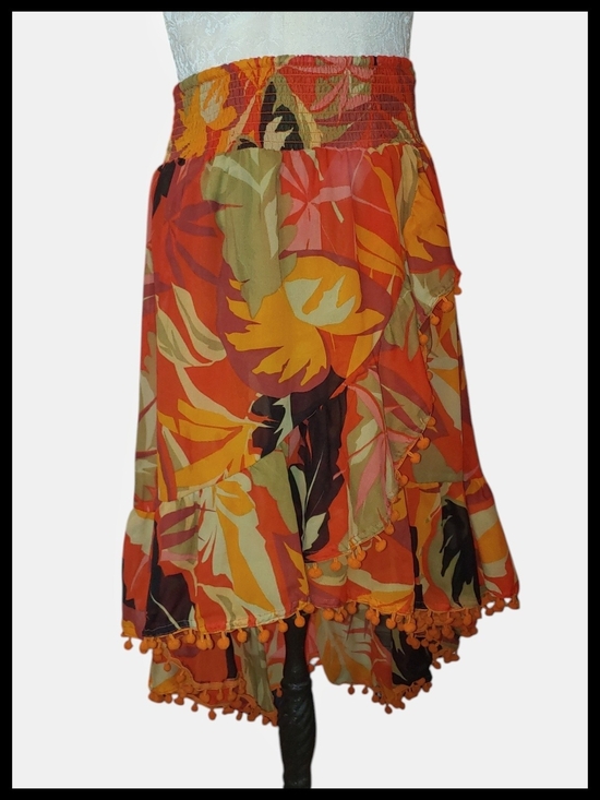 True Destinations Dresses & Skirts - True Destinations Floral Orange Pom-Pom High-Low Skirt